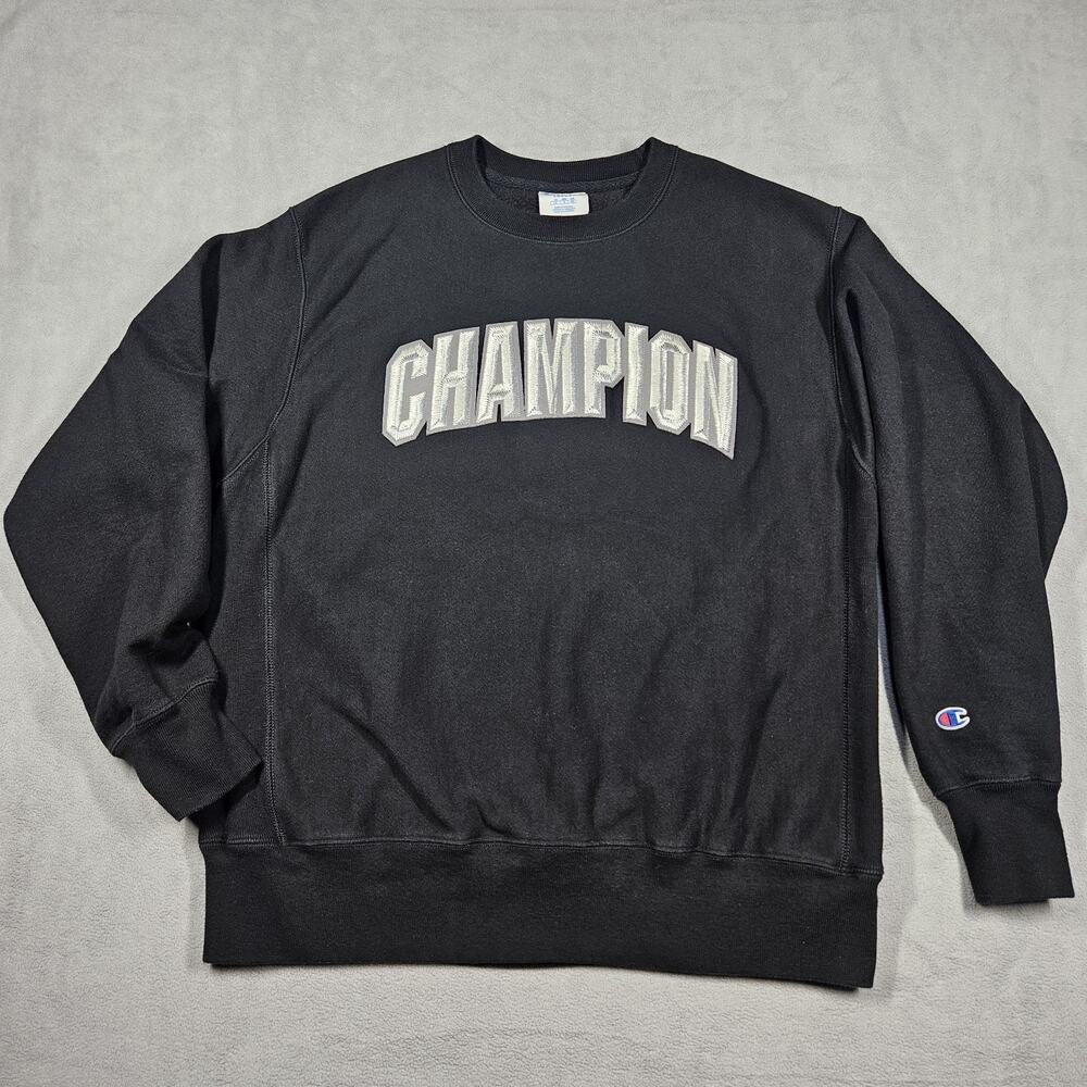 Champion Sweatshirt Mens L Reverse Weave Black Spell Out Floss Stitch Crewneck